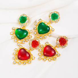 Exaggerated Vintage Heart Ruby Rose Earrings for Women