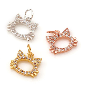Brass Micro Pave Cubic Zirconia Charms, with Jump Rings, Cat Shape