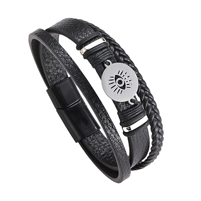 PU кожаный браслет шнура, Трехслойные многожильные браслеты из нержавеющей стали от сглаза, с магнитной застежкой