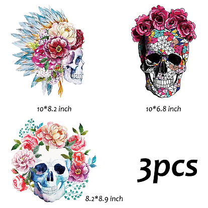 CREATCABIN 3 Sheets 3 Styles Pet Film with Hot Melt Adhesive Heat Transfer Film, for Garment Accessories, Skull Pattern