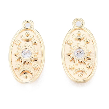 Brass Pave Clear Cubic Zirconia Pendants, Cadmium Free & Nickel Free & Lead Free, Oval with Moon & Star