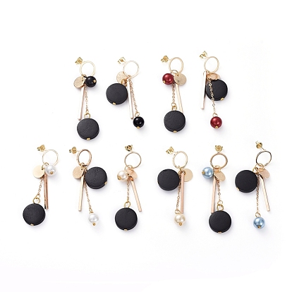 Stud Earrings, with Flat Round Pear Wood Beads, Glass Pearl Round Beads, 304 Stainless Steel Cable Chains, Brass Pendants & Stud Earring Findings & Ear Nuts