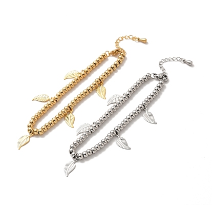 304 браслет-подвеска в виде листьев из нержавеющей стали с круглыми бусинами из нержавеющей стали для женщин