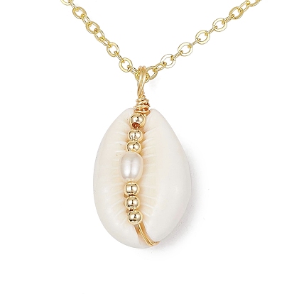 Natural Shell Pendant Necklace with Brass Cable Chains