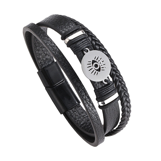 PU кожаный браслет шнура, Трехслойные многожильные браслеты из нержавеющей стали от сглаза, с магнитной застежкой