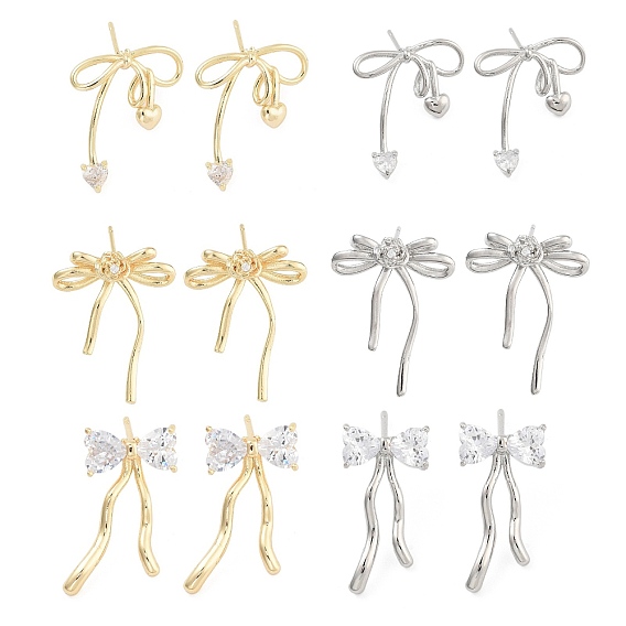 Женские серьги-гвоздики из латуни с бантом и прозрачным фианитом