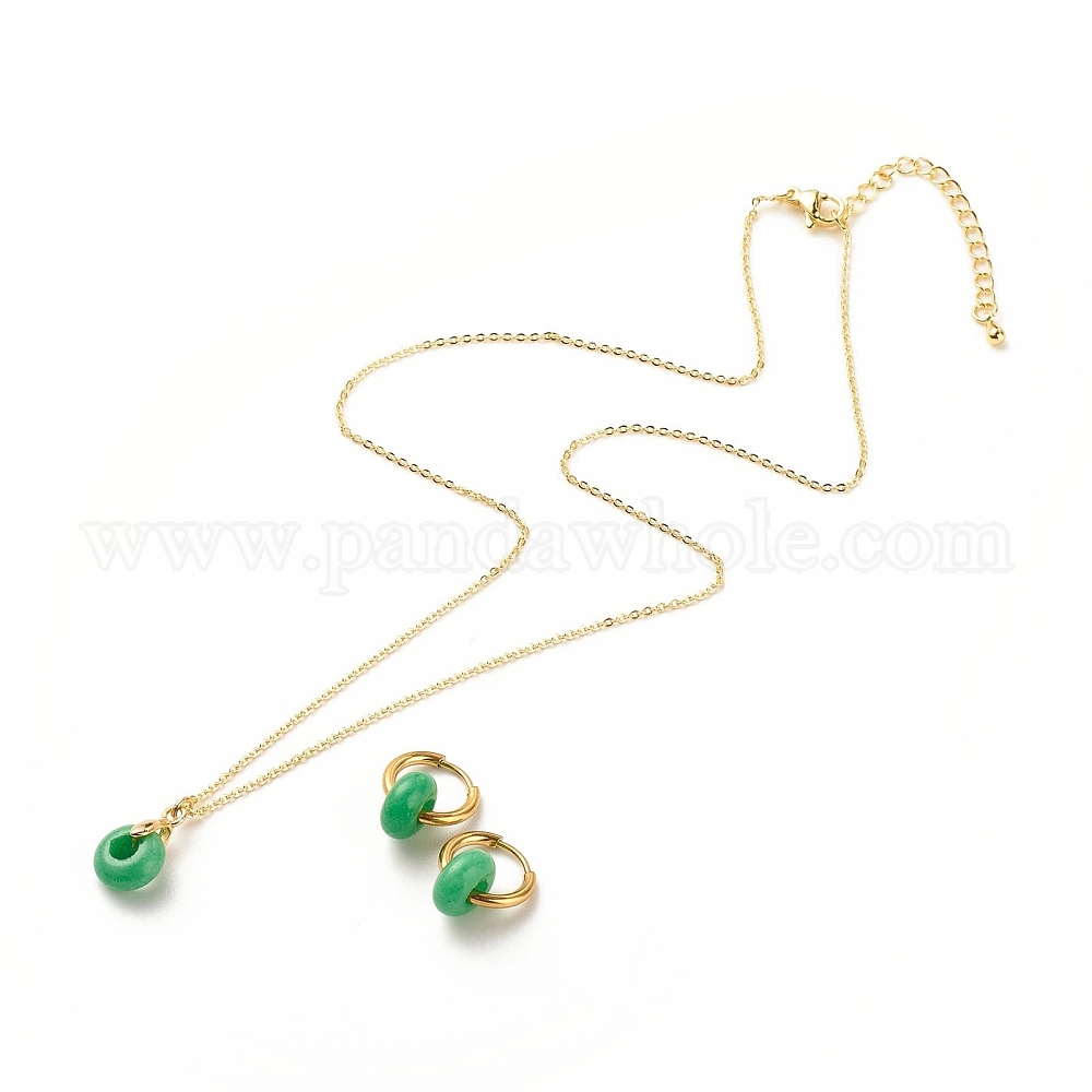 Fábrica de China Conjuntos de joyas de cuentas de jade de malasia natural rondelle, collar colgante de latón y de aro colgantes de acero inoxidable 304 para mujer, dorado 17.72