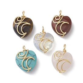Gemstone Copper Wire Wrapped Pendants, Faceted Heart Charms with Moon, Golden