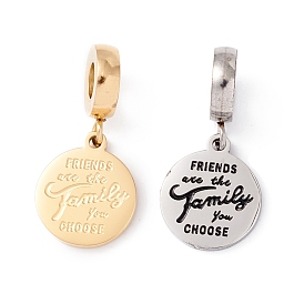 304 Stainless Steel European Dangle Charms, Large Hole Pendants, Flat Round with Word