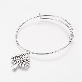 Adjustable Iron Charm Bangles, with Tibetan Style Alloy Tree Charms