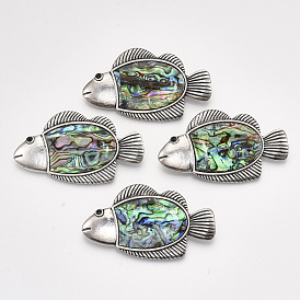 Abalone Shell/Paua Shell Brooches/Pendants, with Alloy Findings and Resin Bottom, Fish, Antique Silver