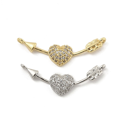 Brass Micro Pave Clear Cubic Zirconia Connector Charms, Heart Links with Arrow