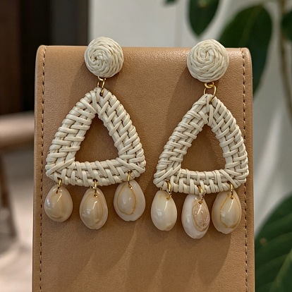 Pendientes de araña de rafia y ratán, triángulo, aretes de concha