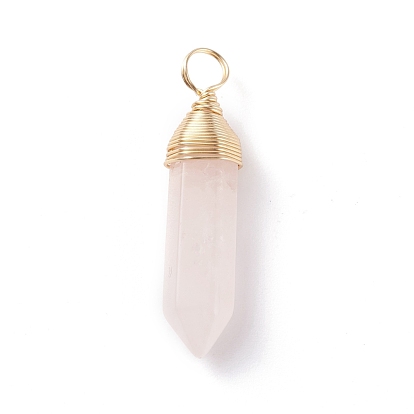 Natural Rose Quartz Pendants, with Real 18K Gold Plated Eco-Friendly Copper Wire, Bullet
