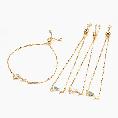 Регулируемые латунные браслеты Боло, слайдерные браслеты, с синтетическим опалом, дельфин