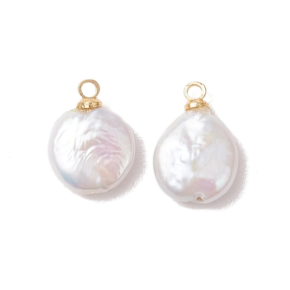 Плоские круглые подвески из натурального жемчуга кеши, с латунными штифтовыми скобами, цветочный белый