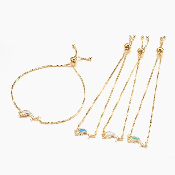 Регулируемые латунные браслеты Боло, слайдерные браслеты, с синтетическим опалом, дельфин