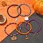 5Pcs 5 Style Glass Seed Beaded Stretch Bracelets Set, Pumpkin & Bat & Ghost Alloy Enamel Charms Stackable Bracelets for Halloween