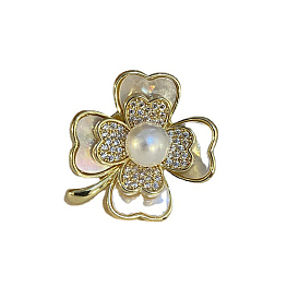 Alloy Clover Brooch Pin with Imitation Pearl, Creative Badge for Jackets Hats Bags
