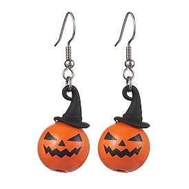 Halloween Theme Alloy Wood Pumpkin Dangle Earrings, 304 Stainless Steel Jewelry for Women