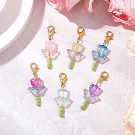 Застежки-лобстеры из цинкового сплава с прозрачными стеклянными бусинами, окрашенными распылением, и стеклянными бусинами, а также 304 украшениями в виде штифтов с плоской головкой из нержавеющей стали, цветок