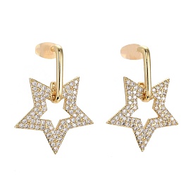 Brass Micro Pave Clear Cubic Zirconia Dangle Stud Earrings, with Ear Nuts, Star