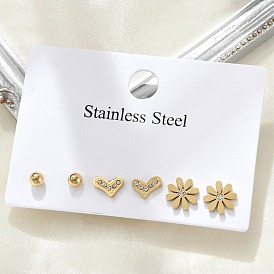 304 Stainless Steel Rhinestone Flower & Heart & Round Earring Sets, Ion Plating(IP)