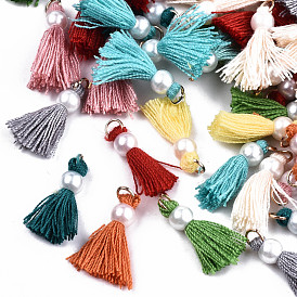 Polycotton(Polyester Cotton) Tassel Pendant Decorations, Mini Tassel, with Golden Tone Iron Findings and ABS Plastic Imitation Pearl