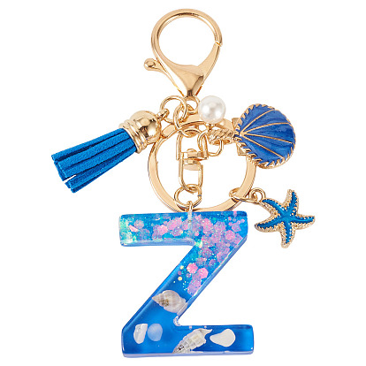 Porte-clés étoiles en résine et coquillage, avec poudre pailletée, fermoirs mousquetons en alliage, émail, imitation perle ABS et pompon en faux daim, or