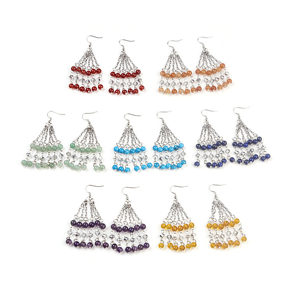 Gemstone Tassels Dangle Earrings, with Brass Earring Hooks, 304 Stainless Steel Chains and Electroplate Glass Beads, Round, Platinum