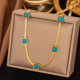 Bohemian Turquoise Block Steel Chain Necklace for Women with Fashionable Design