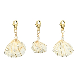 Décorations de pendentif de coquille enveloppées de fil, perles de coquillage et fermoirs mousquetons en acier inoxydable, forme coquille