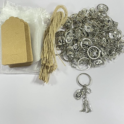 40 llaveros de aleación de piezas, con llaveros de hierro., sombrero, botas y herraduras de vaquero del oeste, incluyendo etiquetas de regalo de papel 40pcs, 40 piezas de bolsas de organza, 40piezas de cordón de yute