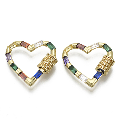 Brass Micro Pave Cubic Zirconia Screw Carabiner Lock Charms, for Necklaces Making, Heart, Nickel Free, Real 16K Gold Plated
