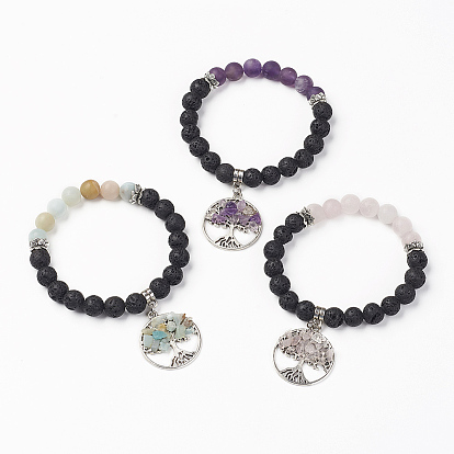 Природных драгоценных камней шарм браслеты, с тибетском стиле сплава подвески, бусины из вулканического камня и бусины-распорки из лотоса, древо жизни, античное серебро