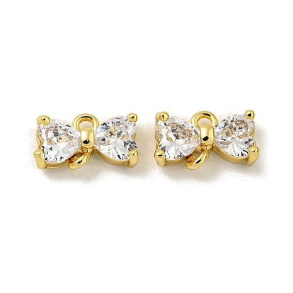 Brass Clear Cubic Zirconia Connector Charms, Cadmium Free & Nickel Free & Lead Free, Bowknot Link