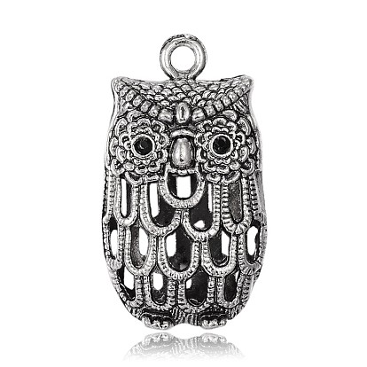 Hollow Owl Antique Silver Plated Alloy Rhinestone Pendants, 45x25x12mm, Hole: 3mm