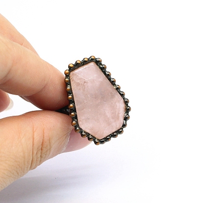 Natural Mixed Gemstone Coffin Open Cuff Rings, Red Copper Brass Ring