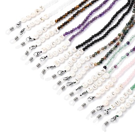 Cadenas de anteojos, Cadenas de piedras preciosas naturales, correa para el cuello para gafas, Con extremos de bucle de goma y concha natural y accesorios de acero inoxidable.