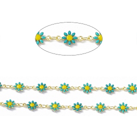Handmade Eanmel Daisy Flower Link Chains, with Real 18K Gold Plated Brass Findings, Soldered, with Spool