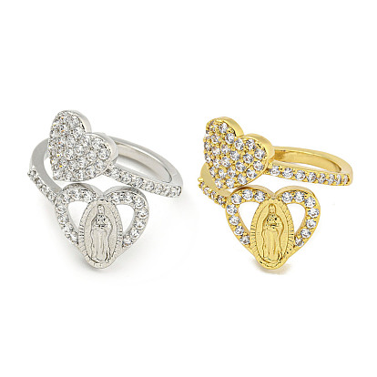 Кольцо-манжета из латуни с микропаве и цирконием в форме сердца и Девы Марии для женщин, без кадмия и без свинца, долговечный