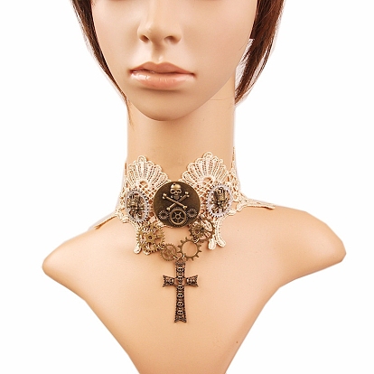 Alloy Pirate with Cross Pendant Choker Necklace, Punk Skull Polyester Lace Necklace for Women