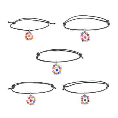Flat Round with Heart Charm Bracelet, Glass & Acrylic Braided Adjustable Bracelet for Women