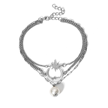 Alloy Chains Triple Layered Anklet, Star & Moon & Imitation Pearl Charms Anklet for Women