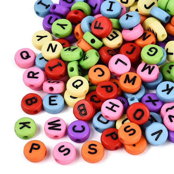 Opaque Acrylic Craft Beads, Flat Round with Letter Pattern