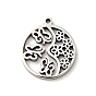 304 Stainless Steel Textured Pendants, Hollow, Flat Round with Butterfly & Flower