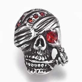 304 Stainless Steel Beads, with Cubic Zirconia, Large Hole Beads, Skull