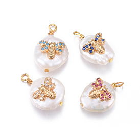 Pendentifs de perles d'eau douce de culture naturelle, avec les accessoires de zircons en laiton, pépites d'abeilles, or