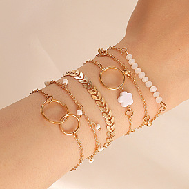 Minimalist Geometric Circle Bracelet Set with Floral Tassels and Leaf Charms - 6 Pieces