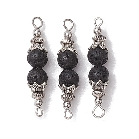 Natural Lava Rock Round Beaded Connector Charms, with Tibetan Style Bead Caps